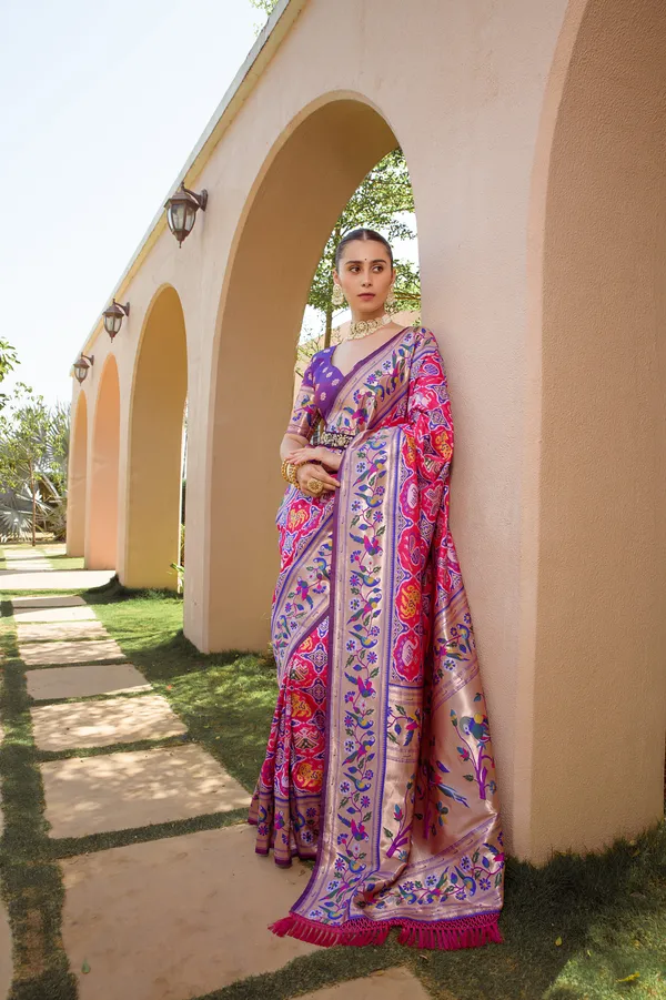 Hot_Pink_Paithani_Silk_Saree_With_Blouse_Piece_For_Women