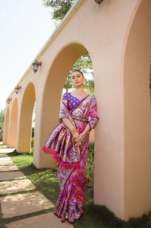 Hot_Pink_Paithani_Silk_Saree_With_Blouse_Piece_For_Women