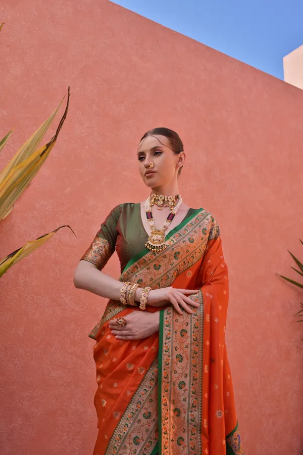 Orange_Paithani_Silk_Saree_With_Blouse_Piece_For_Women