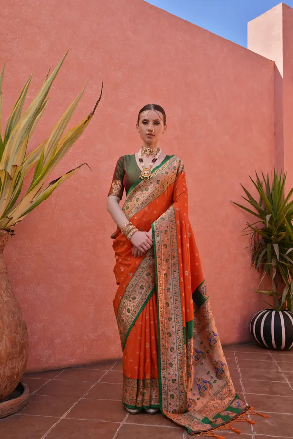 Orange_Paithani_Silk_Saree_With_Blouse_Piece_For_Women