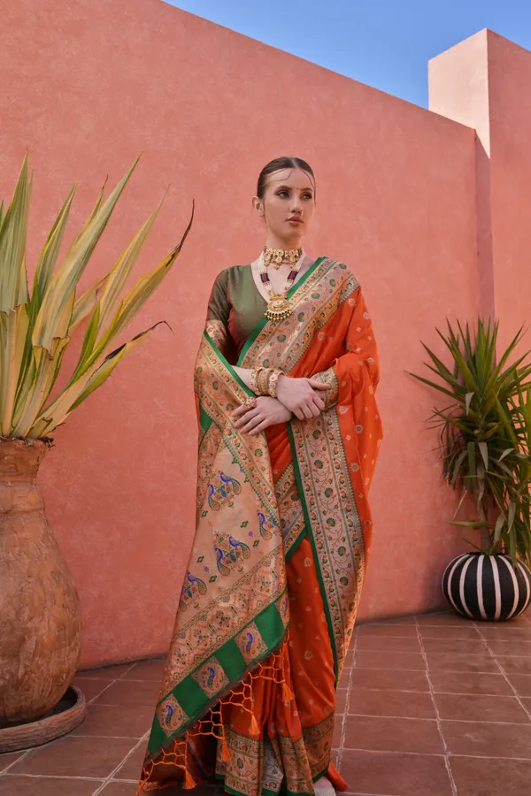 Orange_Paithani_Silk_Saree_With_Blouse_Piece_For_Women