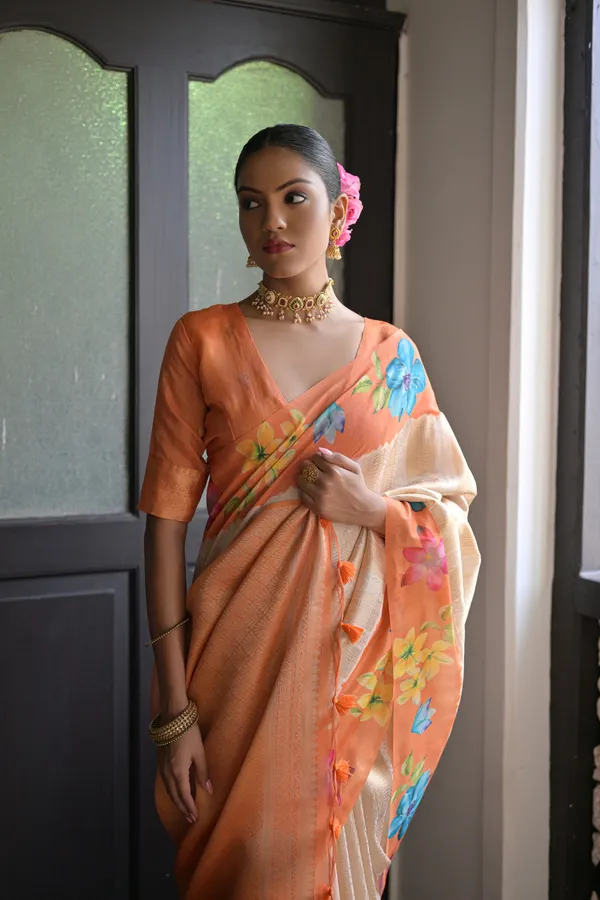 Orange_Banarasi_Silk_Saree_With_Blouse_Piece_For_Women