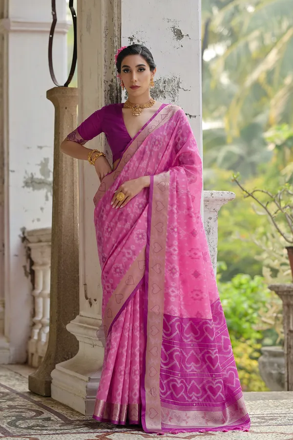 Pink_Raw_Silk_Saree_With_Blouse_Piece_For_Women