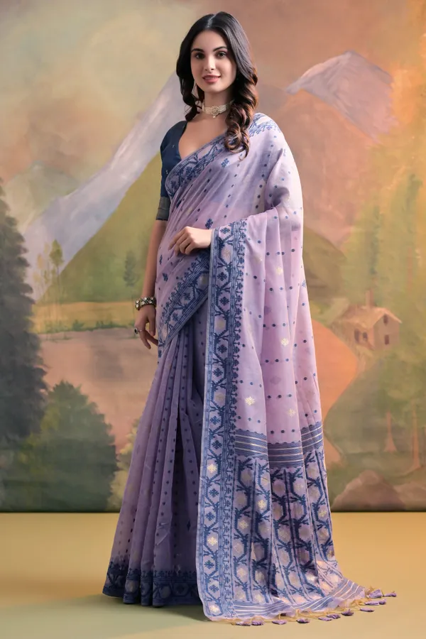 Lavender_Jamdani_Weaves_Muga_Cotton_Saree