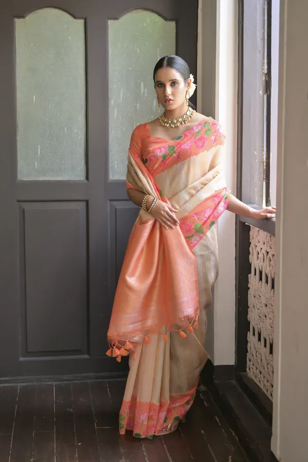 Orange_Banarasi_Silk_Saree_With_Blouse_Piece_For_Women