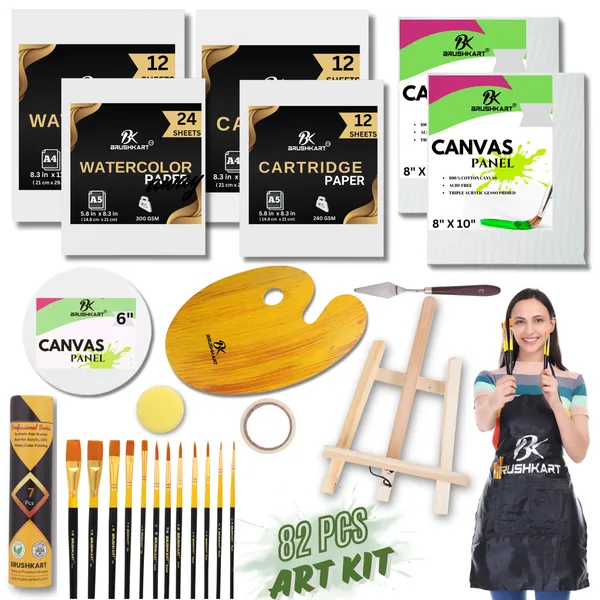 82pcs_Painting_kit_for_Artists,_Adults_and_kids_with_professional_paint_brushes,_wooden_palette,_watercolor_papers,_canvas_board,_easel,_apron