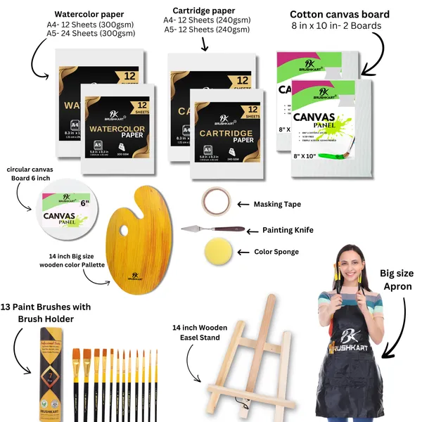 82pcs_Painting_kit_for_Artists,_Adults_and_kids_with_professional_paint_brushes,_wooden_palette,_watercolor_papers,_canvas_board,_easel,_apron