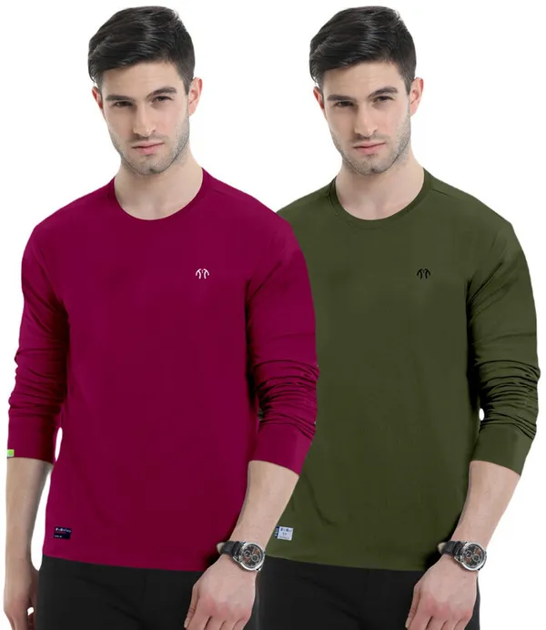 Multicolor_Pure_Cotton_Full_Sleeve_Round_Neck_Solid_T_Shirt_For_Men_Pack_Of_2