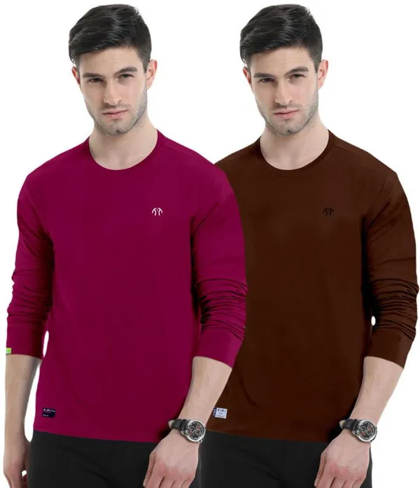 Multicolor_Pure_Cotton_Full_Sleeve_Round_Neck_Solid_T_Shirt_For_Men_Pack_Of_2