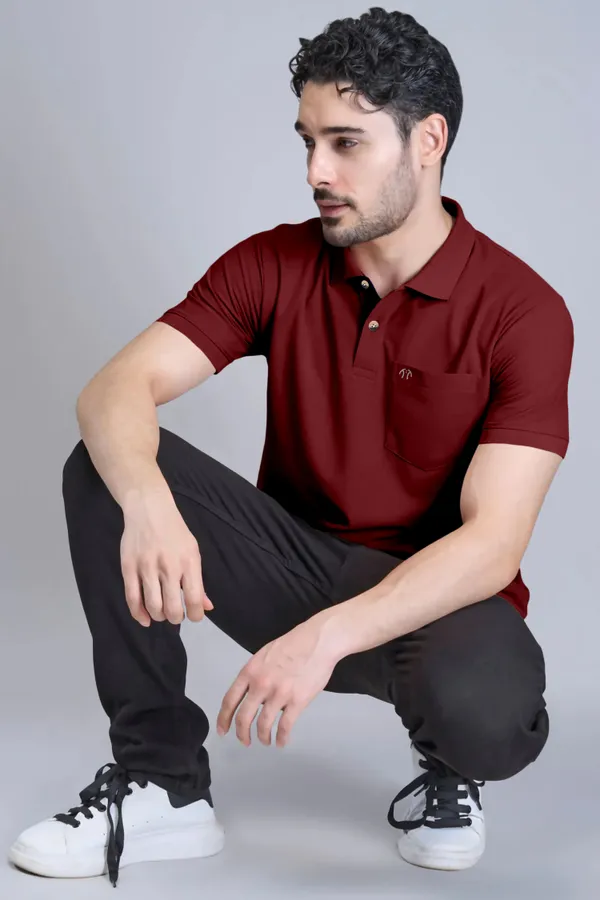 Maroon_Pure_Cotton_Half_Sleeve_Polo_Neck_Casual_T_Shirt_For_Men