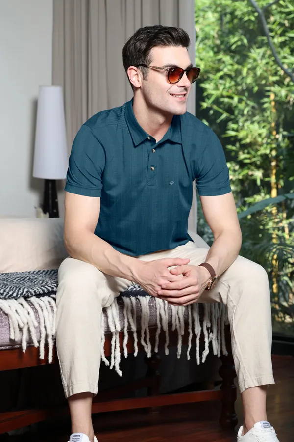 Teal_Blue_Polyester_Half_Sleeve_Polo_Neck_Self_Design__Print_T_Shirt_For_Men