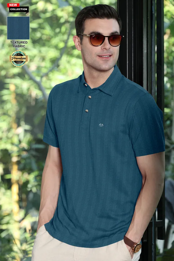 Teal_Blue_Polyester_Half_Sleeve_Polo_Neck_Self_Design__Print_T_Shirt_For_Men