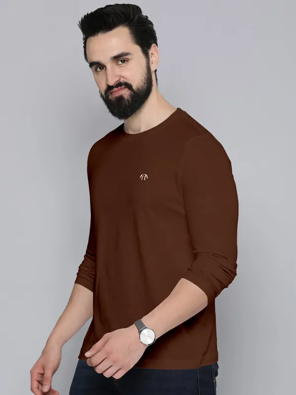 Brown_Pure_Cotton_Full_Sleeve_Regular_Solid_T_ShirtFor_Men