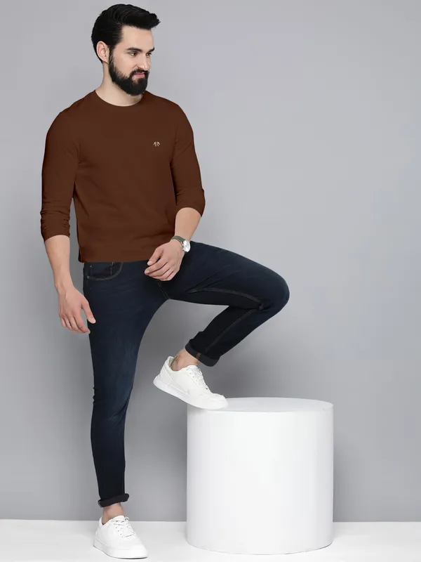 Brown_Pure_Cotton_Full_Sleeve_Regular_Solid_T_ShirtFor_Men
