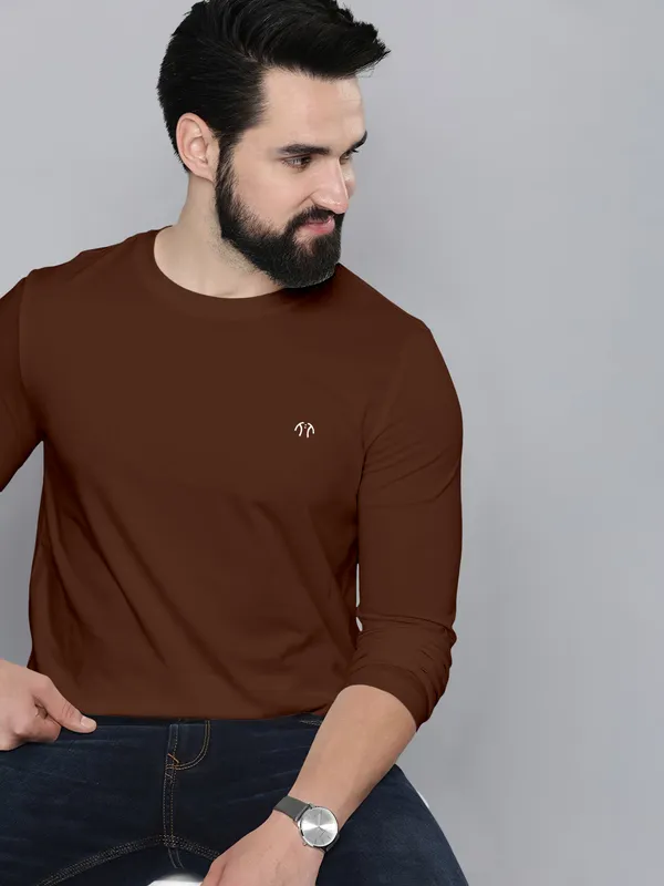 Brown_Pure_Cotton_Full_Sleeve_Regular_Solid_T_ShirtFor_Men