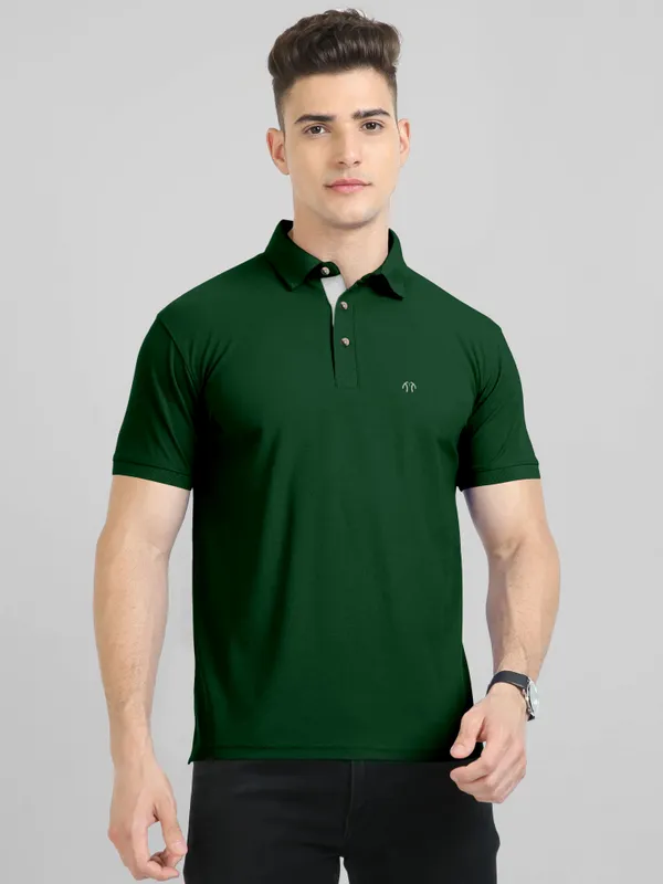 Dark_Green_Pure_Cotton_Half_Sleeve_Polo_Neck_Solid__Print_T_Shirt_For_Men