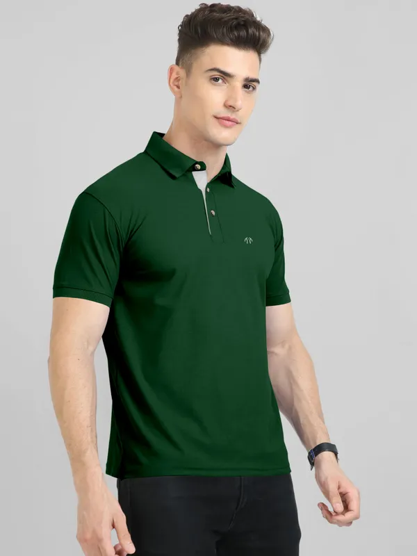 Dark_Green_Pure_Cotton_Half_Sleeve_Polo_Neck_Solid__Print_T_Shirt_For_Men