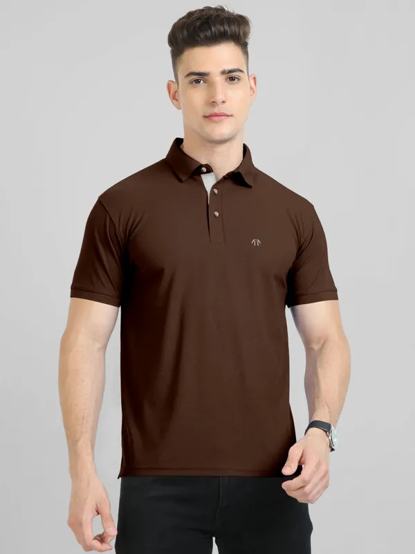 Brown_Pure_Cotton_Half_Sleeve_Polo_Neck_Solid__Print_T_Shirt_For_Men