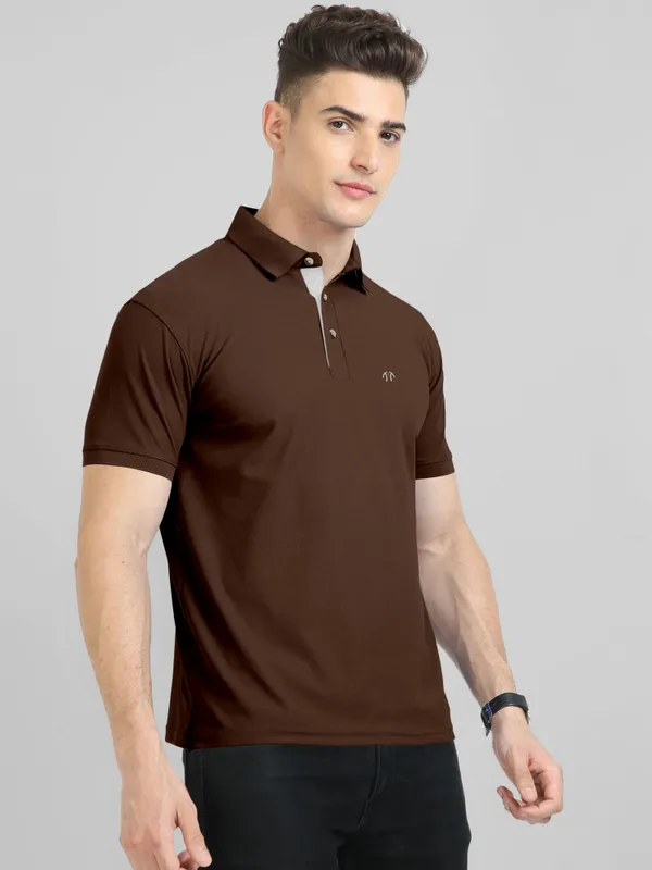 Brown_Pure_Cotton_Half_Sleeve_Polo_Neck_Solid__Print_T_Shirt_For_Men