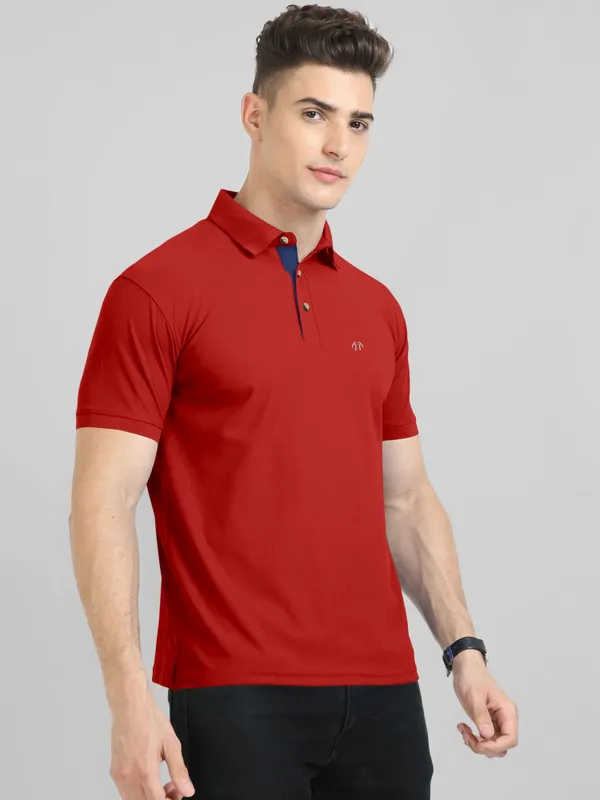 Red_Pure_Cotton_Half_Sleeve_Polo_Neck_Solid__Print_T_Shirt_For_Men