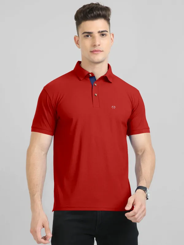 Red_Pure_Cotton_Half_Sleeve_Polo_Neck_Solid__Print_T_Shirt_For_Men