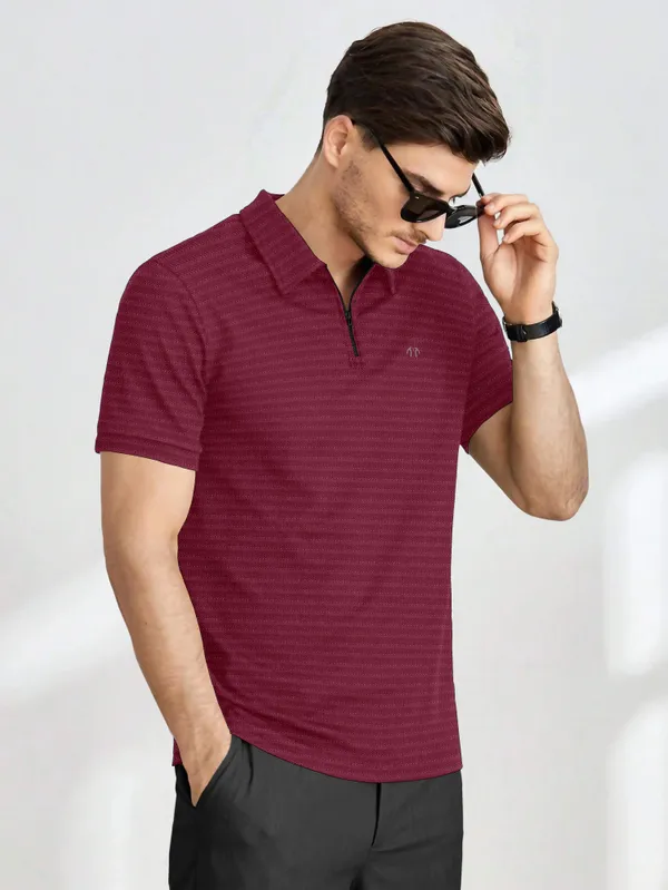 Maroon_Polyester_Half_Sleeve_Zip_Neck_Solid_T_Shirt_For_Men_Pack_Of_1