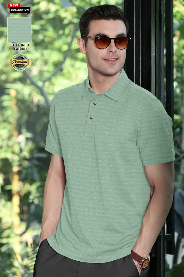 Light_Green_Polyester_Half_Sleeve_Polo_Neck_Self_Design__Print_T_Shirt_For_Men