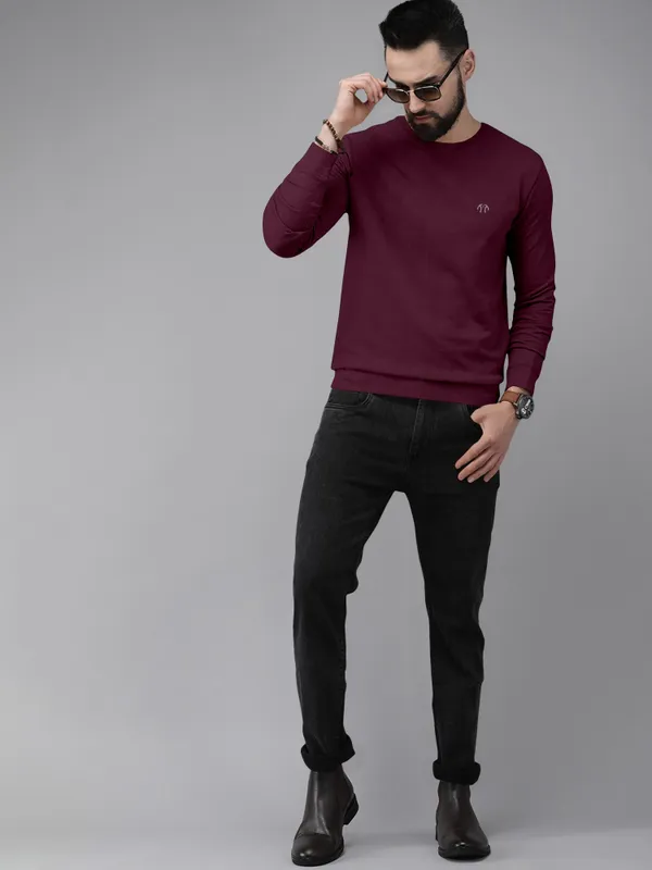 Maroon_Cotton_Blend_Full_Sleeve_Round_Neck_Solid_T_Shirt_For_Men_Pack_Of_1