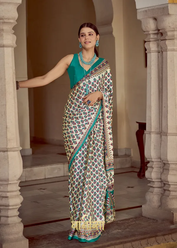 Horizon_Blue_Ajrakh_Printed_Satin_Crepe_Saree_With_Matched_Unsttiched_Blouse