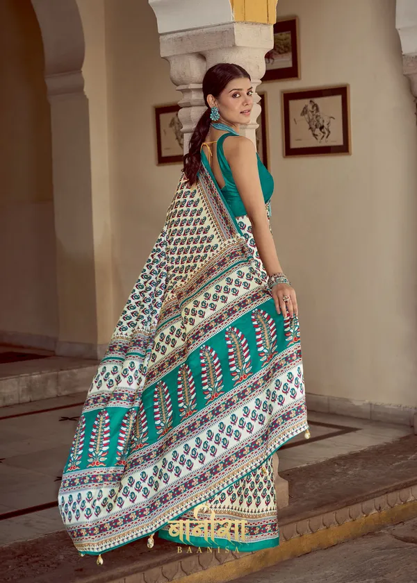 Horizon_Blue_Ajrakh_Printed_Satin_Crepe_Saree_With_Matched_Unsttiched_Blouse