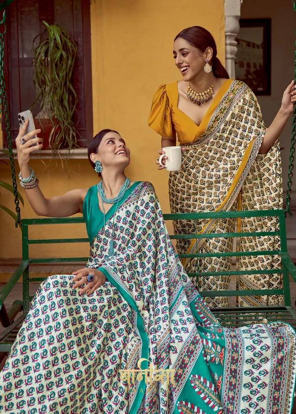 Horizon_Blue_Ajrakh_Printed_Satin_Crepe_Saree_With_Matched_Unsttiched_Blouse
