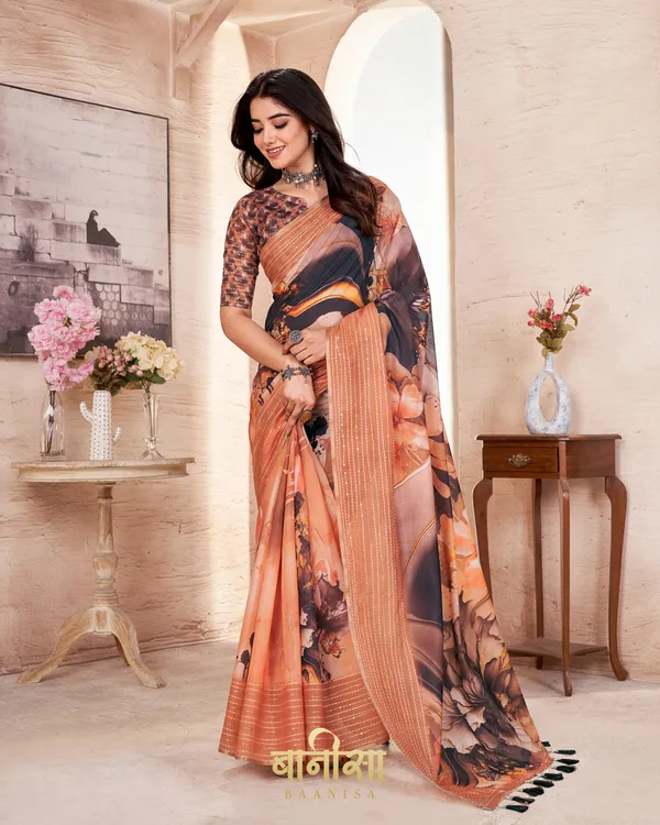 ORANGE_FLORAL_CHANDERI_COTTON_KATHA_&_SEQUENCE_WORK_PRINTED_SAREE_WITH_MATCHED_UNSTTICHED_BLOUSE
