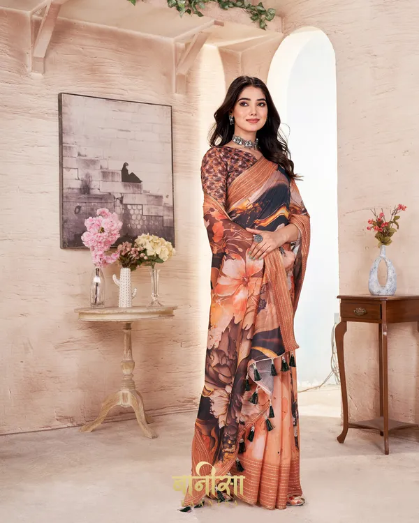 ORANGE_FLORAL_CHANDERI_COTTON_KATHA_&_SEQUENCE_WORK_PRINTED_SAREE_WITH_MATCHED_UNSTTICHED_BLOUSE