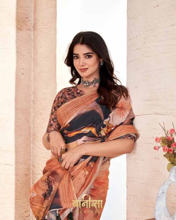 ORANGE_FLORAL_CHANDERI_COTTON_KATHA_&_SEQUENCE_WORK_PRINTED_SAREE_WITH_MATCHED_UNSTTICHED_BLOUSE