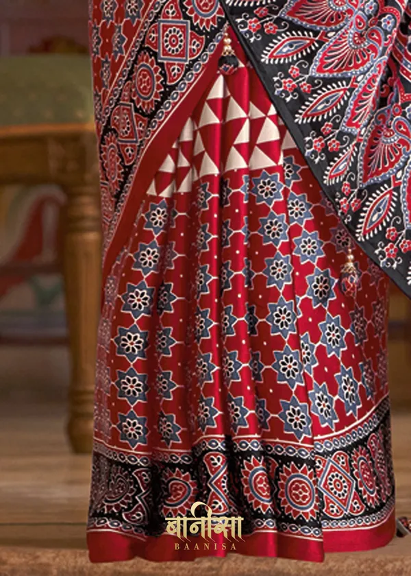 Red_Ajrakh_Printed_Satin_Crepe_Saree