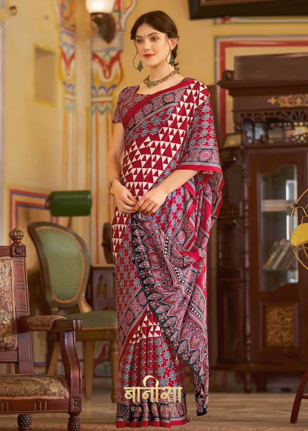 Red_Ajrakh_Printed_Satin_Crepe_Saree