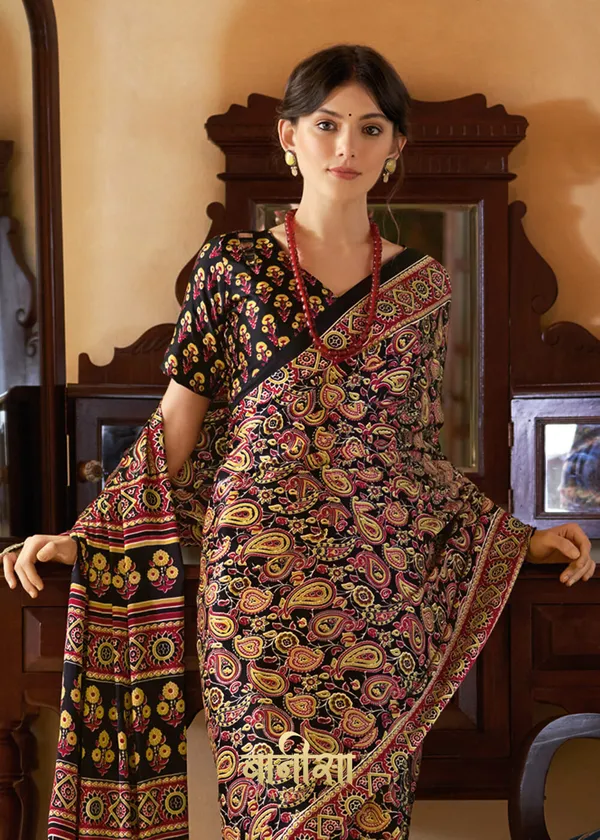 Multicolour_Ajrakh_Printed_Satin_Crepe_Saree