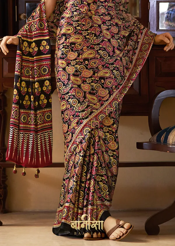 Multicolour_Ajrakh_Printed_Satin_Crepe_Saree