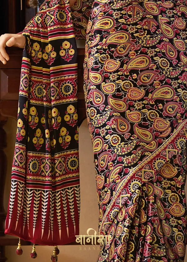 Multicolour_Ajrakh_Printed_Satin_Crepe_Saree
