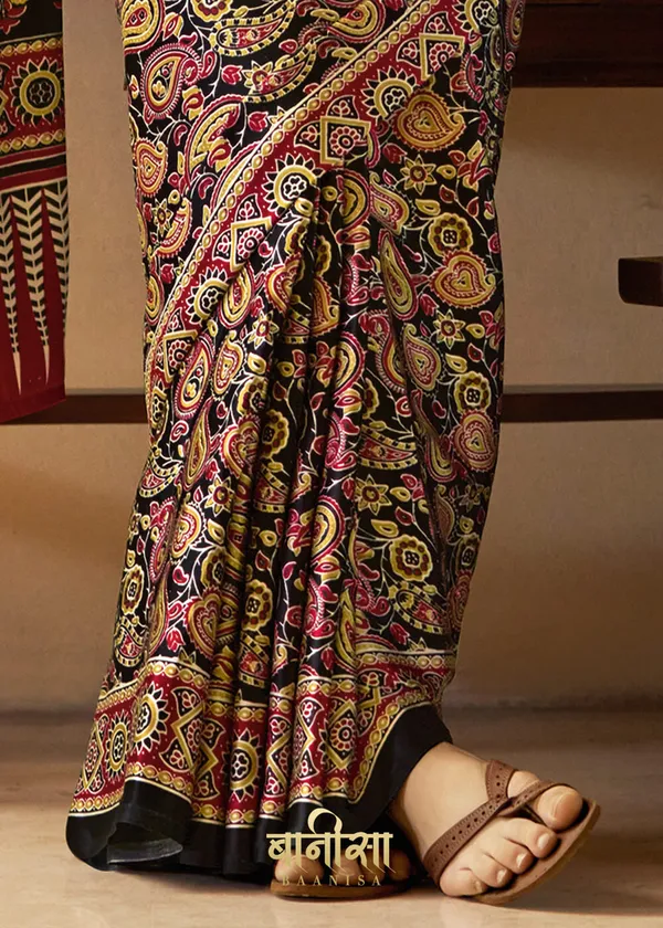 Multicolour_Ajrakh_Printed_Satin_Crepe_Saree