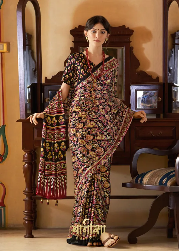 Multicolour_Ajrakh_Printed_Satin_Crepe_Saree