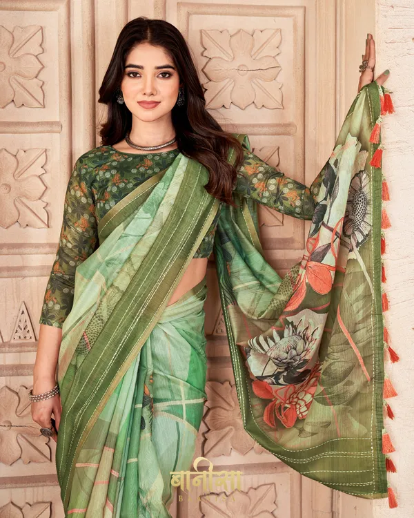 GREEN_FLORAL_CHANDERI_COTTON_KATHA_&_SEQUENCE_WORK_PRINTED_SAREE_WITH_MATCHED_UNSTTICHED_BLOUSE