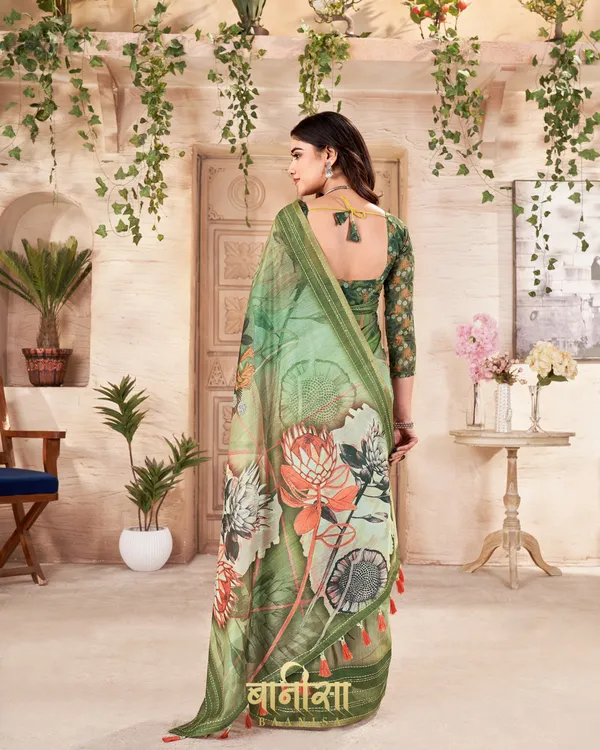 GREEN_FLORAL_CHANDERI_COTTON_KATHA_&_SEQUENCE_WORK_PRINTED_SAREE_WITH_MATCHED_UNSTTICHED_BLOUSE