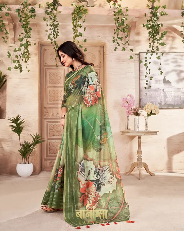 GREEN_FLORAL_CHANDERI_COTTON_KATHA_&_SEQUENCE_WORK_PRINTED_SAREE_WITH_MATCHED_UNSTTICHED_BLOUSE