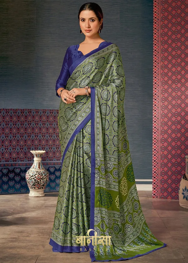 Green_Ajrakh_Printed_Satin_Crepe_Saree