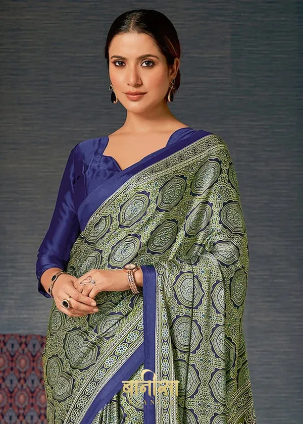 Green_Ajrakh_Printed_Satin_Crepe_Saree