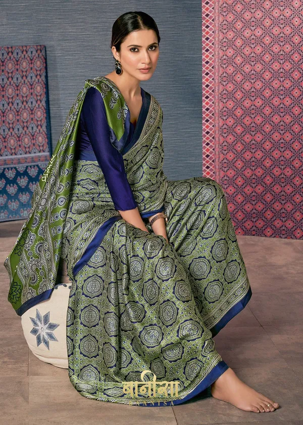 Green_Ajrakh_Printed_Satin_Crepe_Saree