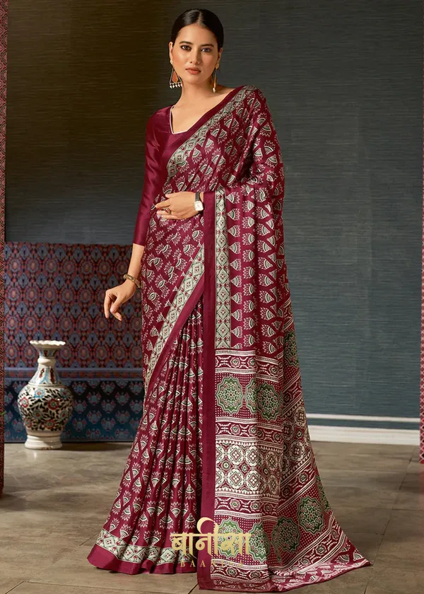 Wine__Ajrakh_Printed_Satin_Crepe_Saree