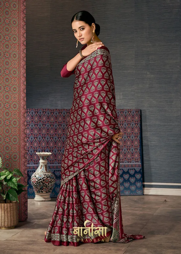 Wine__Ajrakh_Printed_Satin_Crepe_Saree
