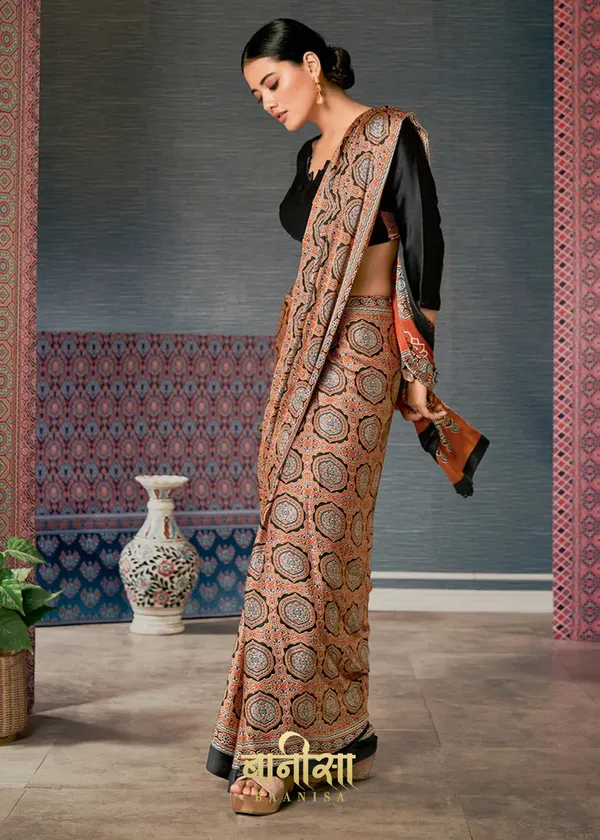 Orange__Ajrakh_Printed_Satin_Crepe_Saree